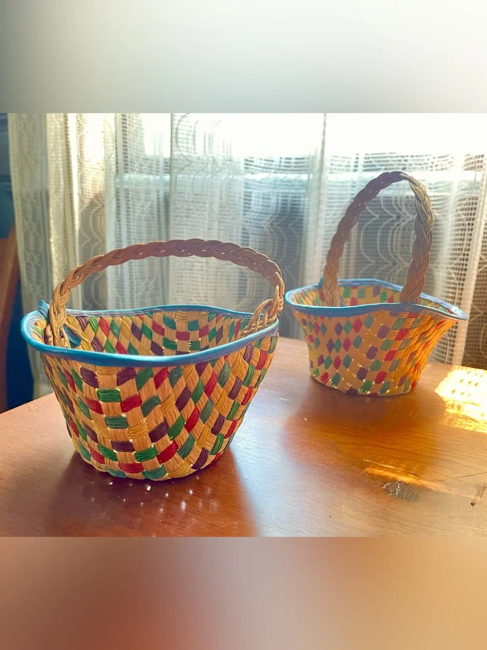 Vintage Multicolored Mini Woven Bamboo Baskets (Set of 2)